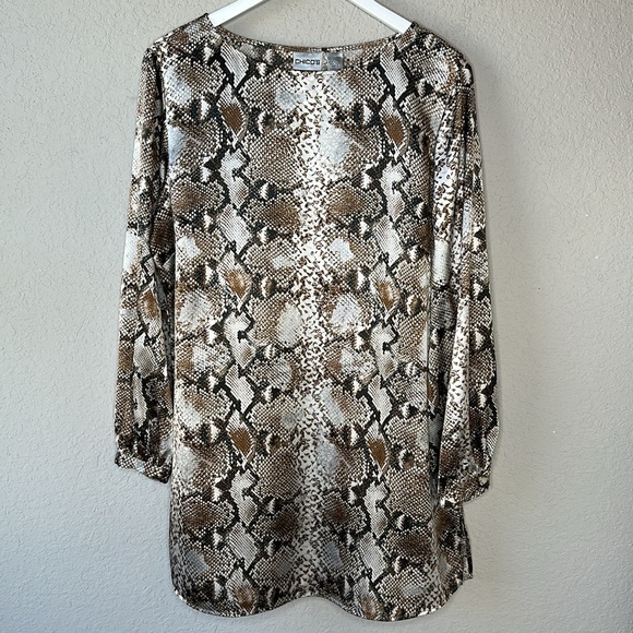 Chico's Long Sleeve Scoop Neck Snake Print Silky Tunic Top Size 2 / Women's 12/M - Picture 1 of 10